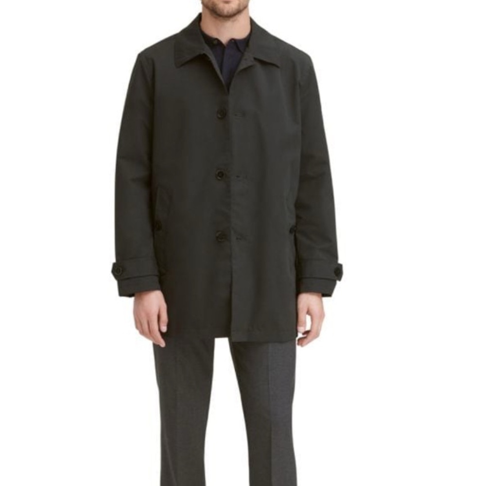 MEN’S NAVY COLE HAAN MACKINTOSH RAINCOAT LG NWOT but missing bottom button
